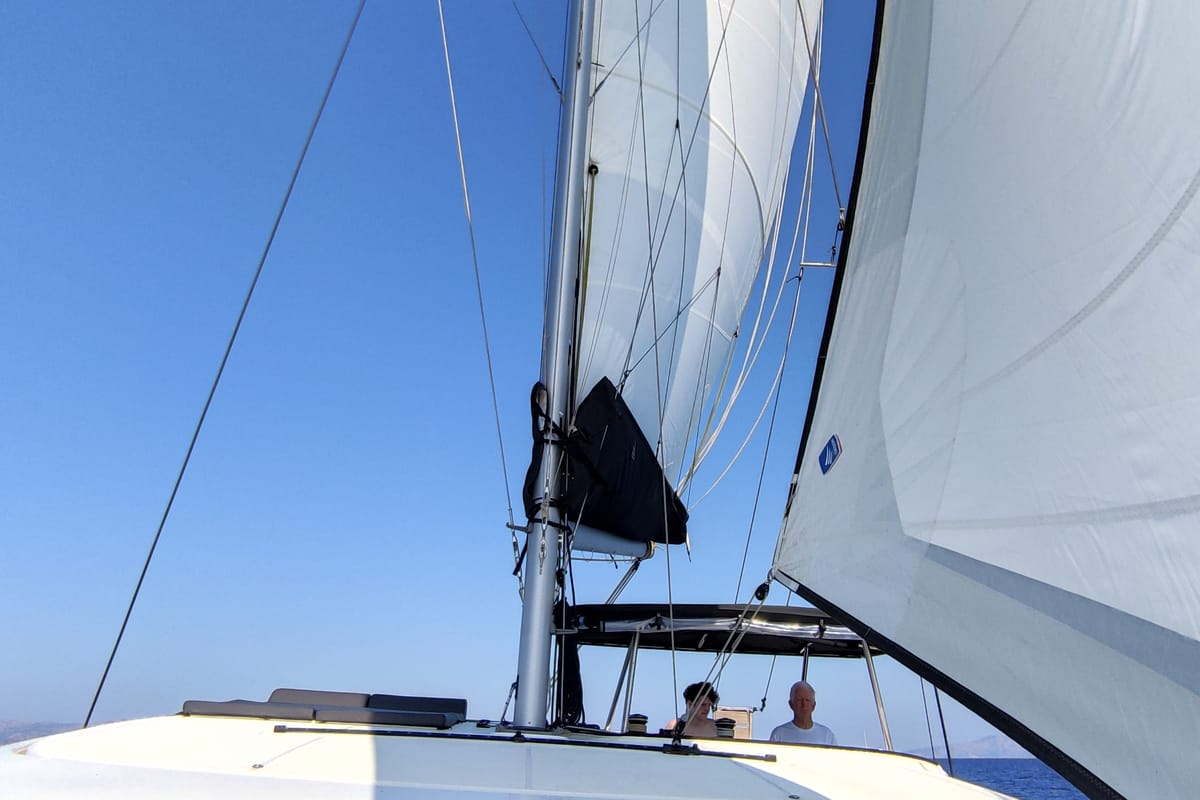 Exterior view of Aktaia, a Lagoon 42 catamaran at Agios Stefanos, Greece