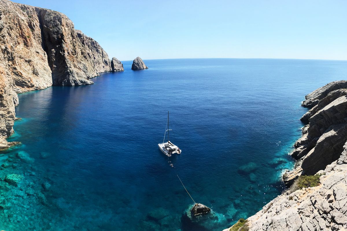 Exterior view of Aktaia, a Lagoon 42 catamaran at Agios Stefanos, Greece