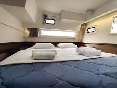 Cabin on Aktaia, a Lagoon 42 catamaran at Agios Stefanos, Greece