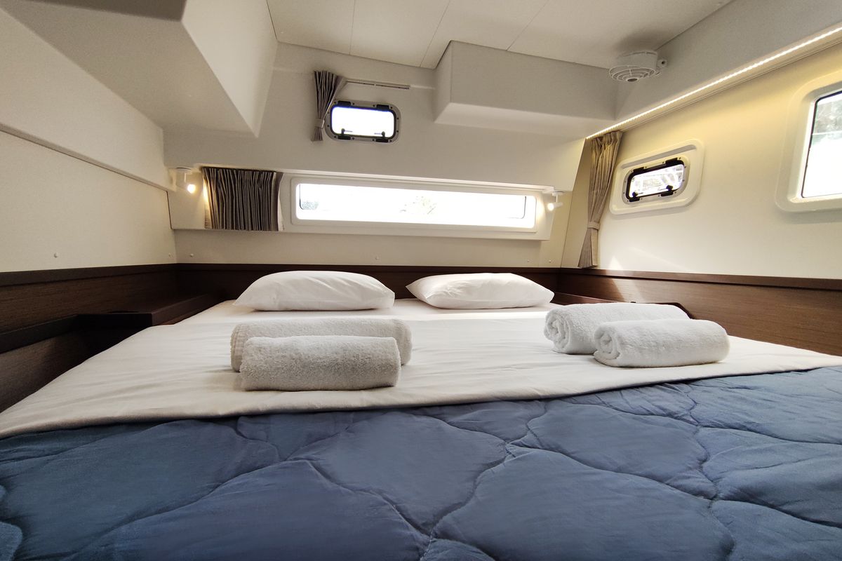 Cabin on Aktaia, a Lagoon 42 catamaran at Agios Stefanos, Greece