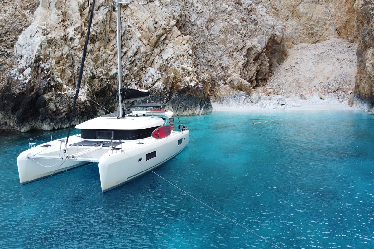 Exterior view of Aktaia, a Lagoon 42 catamaran at Agios Stefanos, Greece