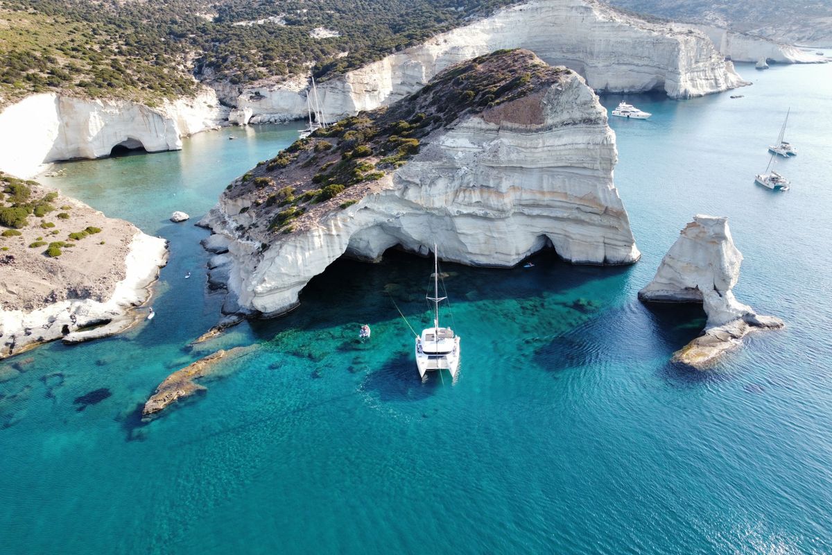 Exterior view of Aktaia, a Lagoon 42 catamaran at Agios Stefanos, Greece