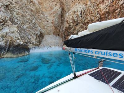 Deck of Aktaia, a Lagoon 42 catamaran at Agios Stefanos, Greece
