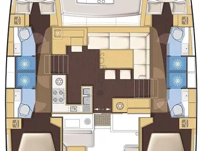 Exterior view of AMARE I, a Lagoon 450 F catamaran at Benitses, Greece