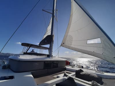Deck of AMARE I, a Lagoon 450 F catamaran at Benitses, Greece