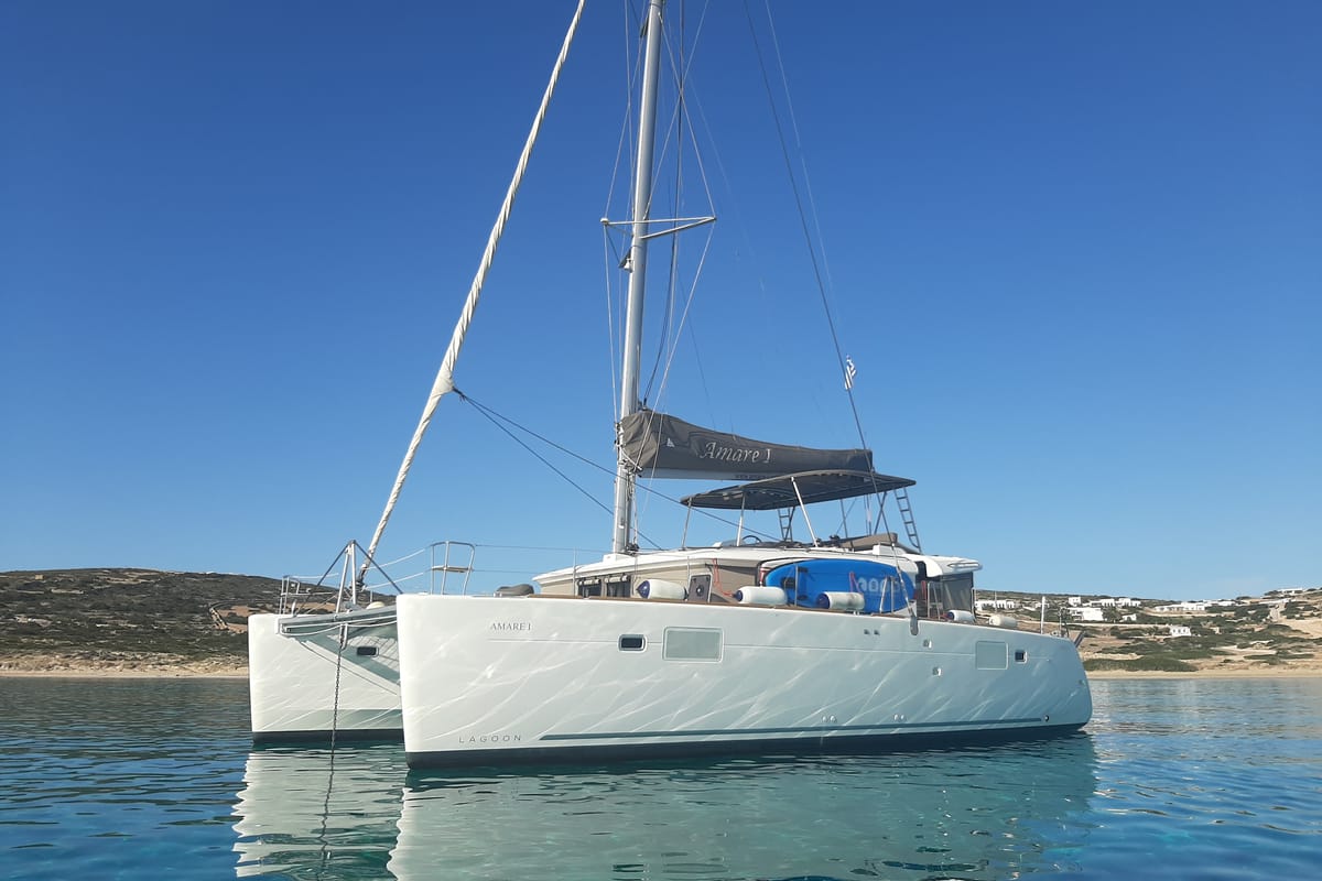 Exterior view of AMARE I, a Lagoon 450 F catamaran at Benitses, Greece