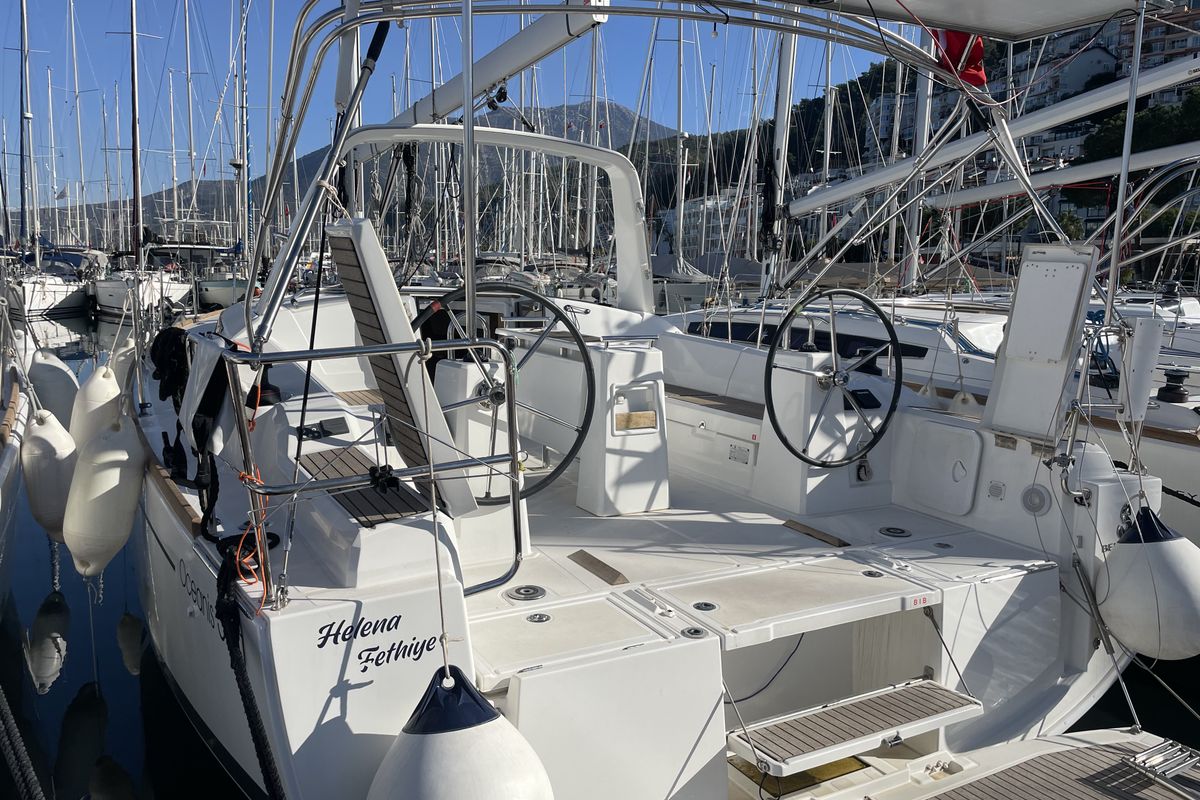 Cockpit of Helena, a Beneteau Oceanis 38.1 sailboat at Fethiye, Turkey