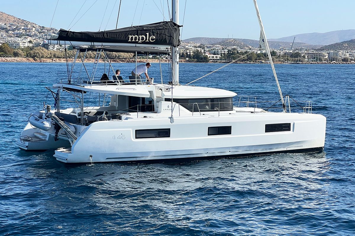 Exterior view of Mple, a Lagoon 46 catamaran at Athens, Greece