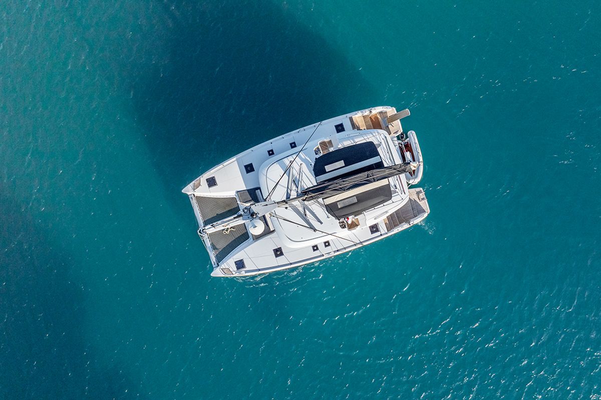 Exterior view of Mple, a Lagoon 46 catamaran at Athens, Greece