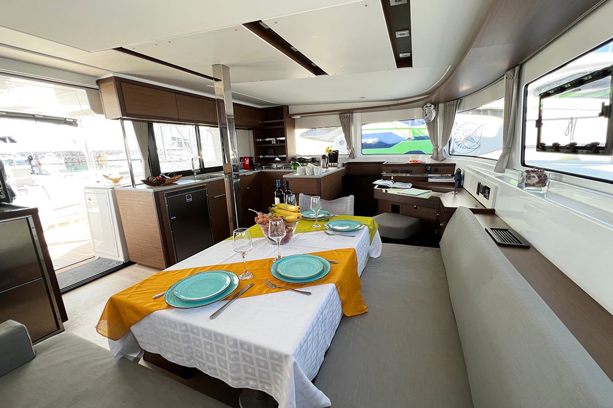 Salon of Mple, a Lagoon 46 catamaran at Athens, Greece