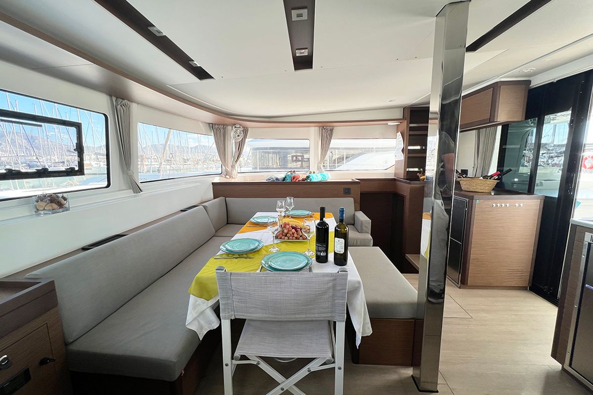 Salon of Mple, a Lagoon 46 catamaran at Athens, Greece