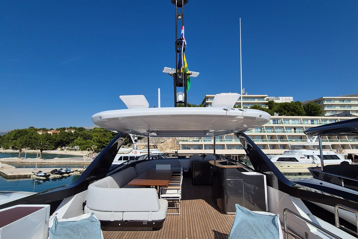 Deck of First Horizon, a Azimut Grande 26M catamaran at Grad Šibenik, Croatia