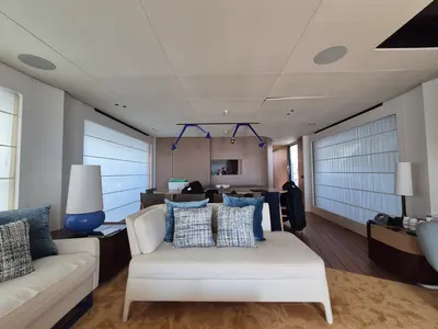 Salon of First Horizon, a Azimut Grande 26M catamaran at Grad Šibenik, Croatia