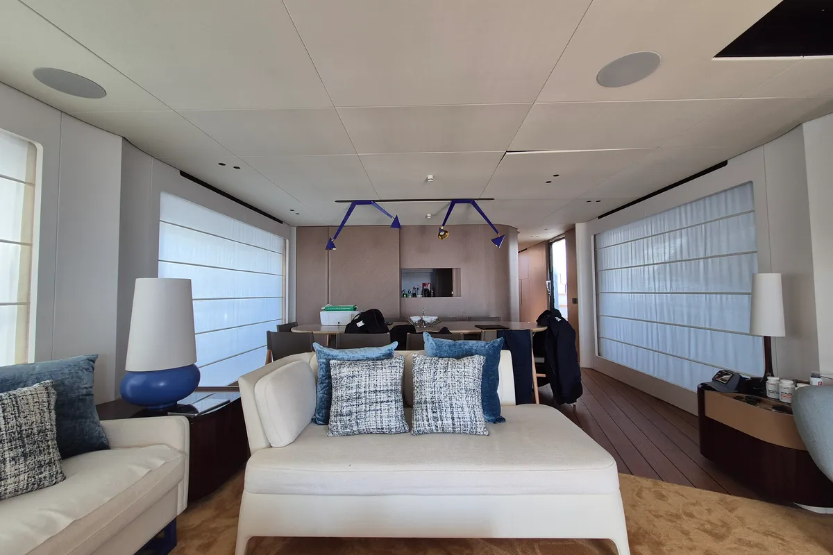 Salon of First Horizon, a Azimut Grande 26M catamaran at Grad Šibenik, Croatia