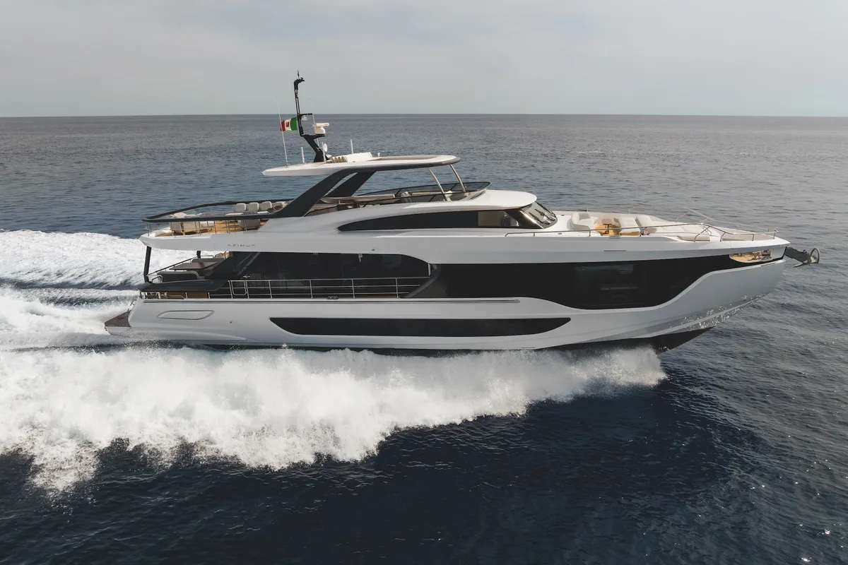 Exterior view of First Horizon, a Azimut Grande 26M catamaran at Grad Šibenik, Croatia