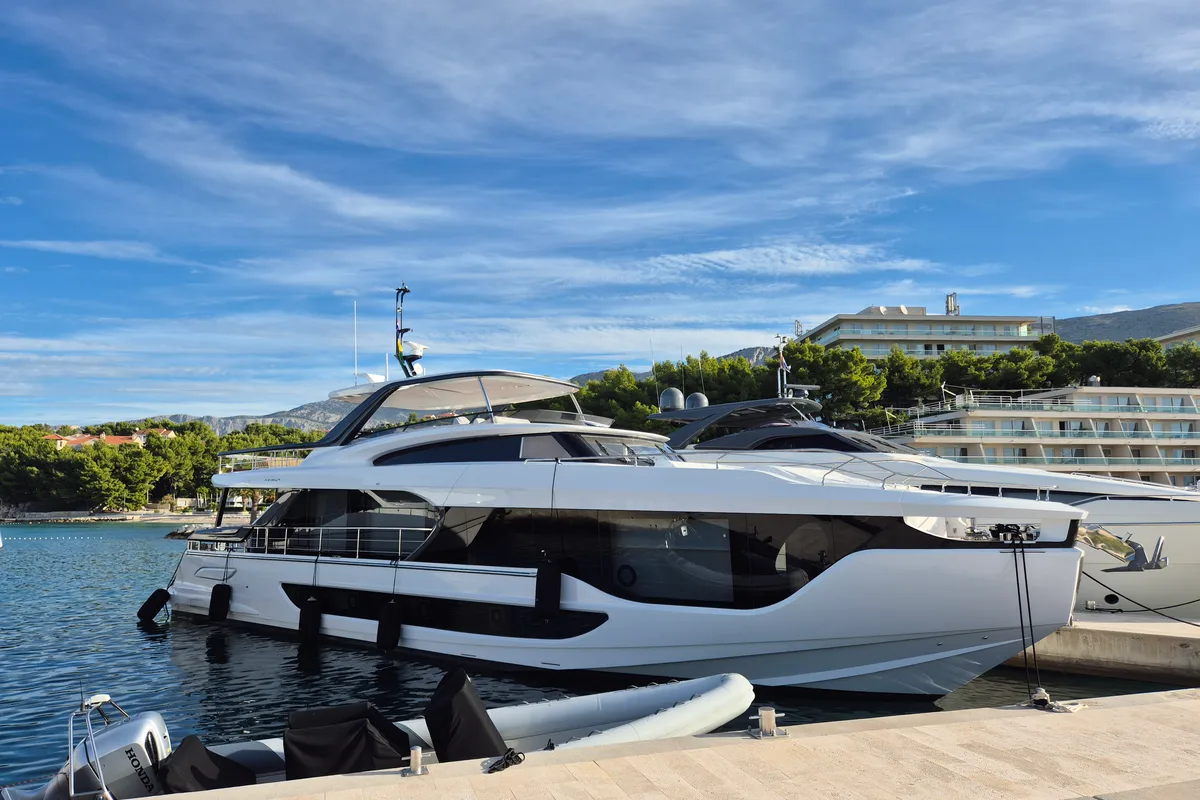 Exterior view of First Horizon, a Azimut Grande 26M catamaran at Grad Šibenik, Croatia