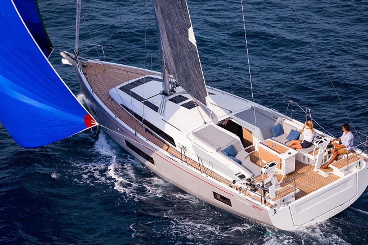 Exterior view of Sine Cura III 3136, a Beneteau Oceanis 46.1 sailboat at Seget Donji, Croatia