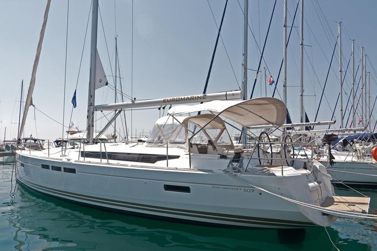 Exterior view of Aqua Kiss, a Jeanneau Sun Odyssey 509 sailboat at Split, Croatia