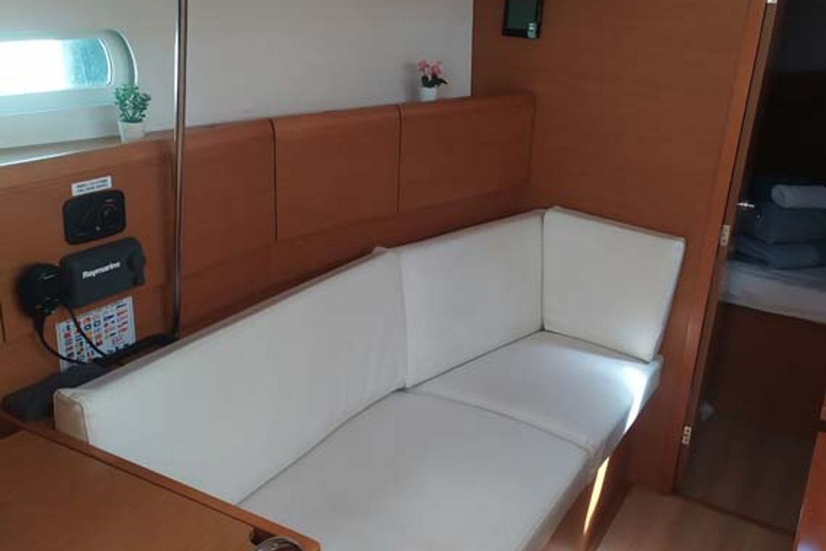 Salon of Živjelli, a Jeanneau Sun Odyssey 389 sailboat at Grad Trogir, Croatia