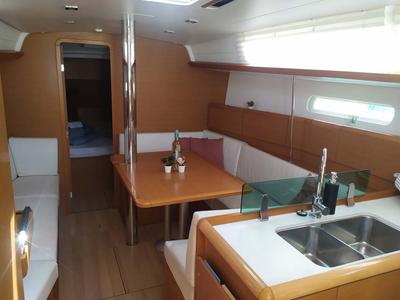 Salon of Živjelli, a Jeanneau Sun Odyssey 389 sailboat at Grad Trogir, Croatia
