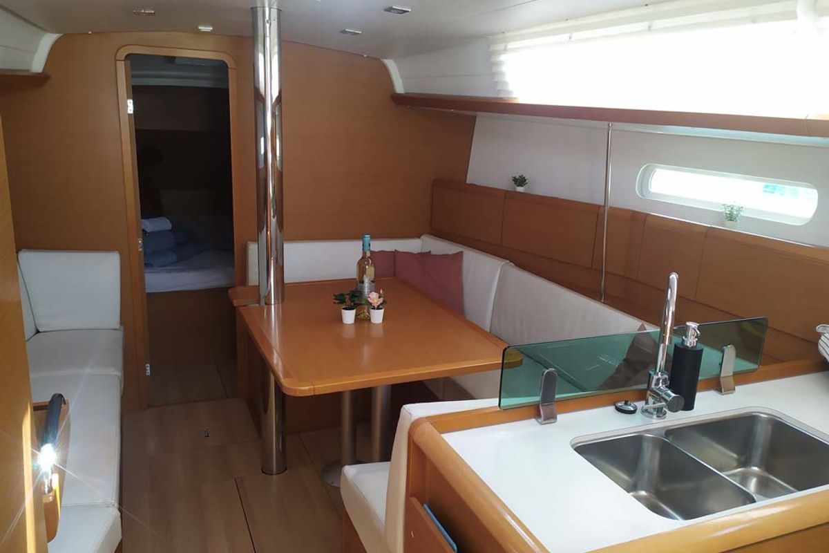 Salon of Živjelli, a Jeanneau Sun Odyssey 389 sailboat at Grad Trogir, Croatia