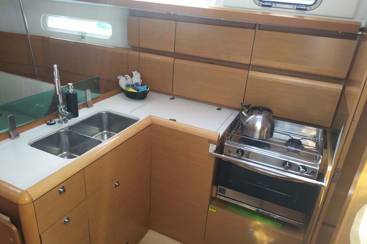 Galley of Živjelli, a Jeanneau Sun Odyssey 389 sailboat at Grad Trogir, Croatia
