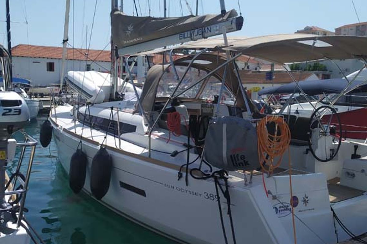 Exterior view of Živjelli, a Jeanneau Sun Odyssey 389 sailboat at Grad Trogir, Croatia