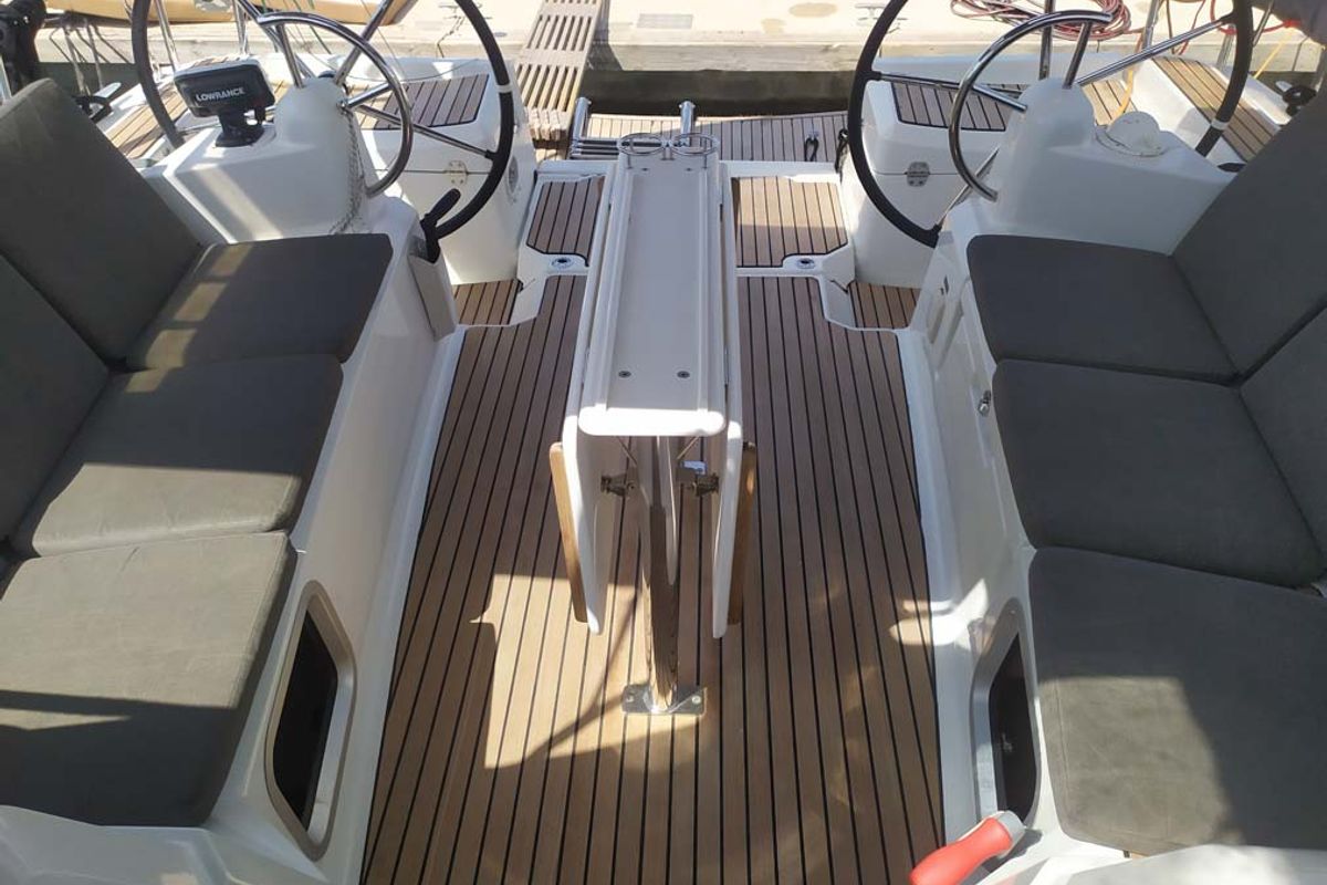 Deck of Živjelli, a Jeanneau Sun Odyssey 389 sailboat at Grad Trogir, Croatia