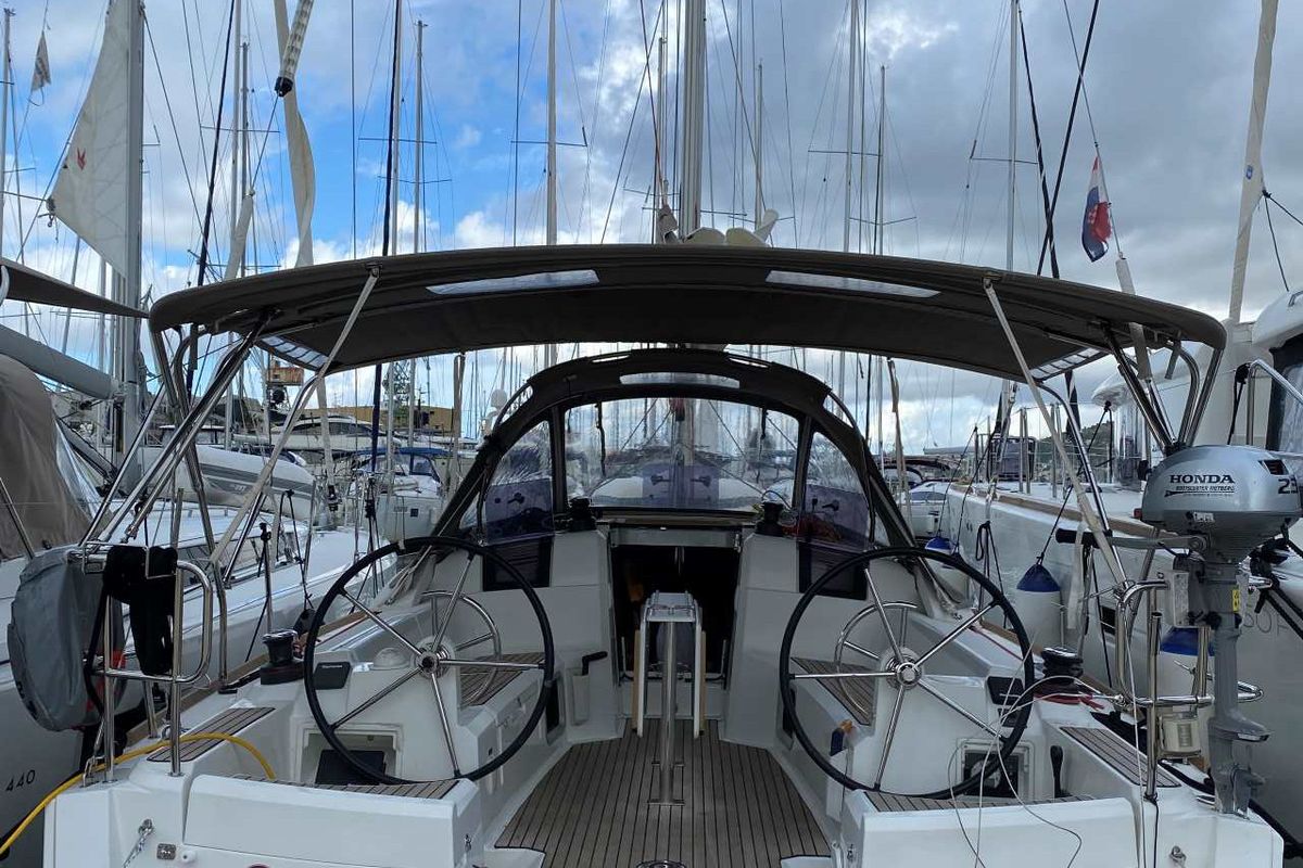 Cockpit of Živjelli, a Jeanneau Sun Odyssey 389 sailboat at Grad Trogir, Croatia