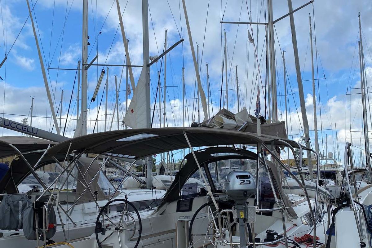 Exterior view of Živjelli, a Jeanneau Sun Odyssey 389 sailboat at Grad Trogir, Croatia