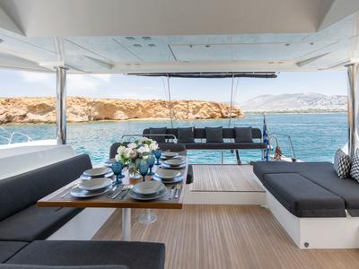 Deck of Royal Hearts, a Lagoon 52 catamaran at Athens, Greece