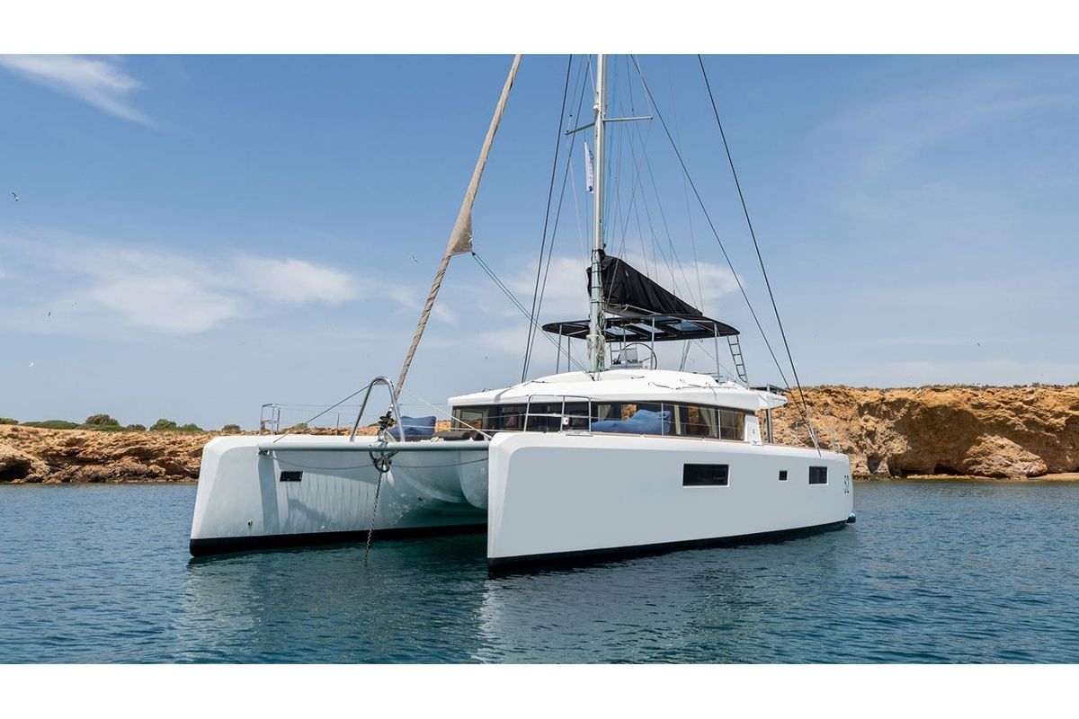 Exterior view of Royal Hearts, a Lagoon 52 catamaran at Athens, Greece