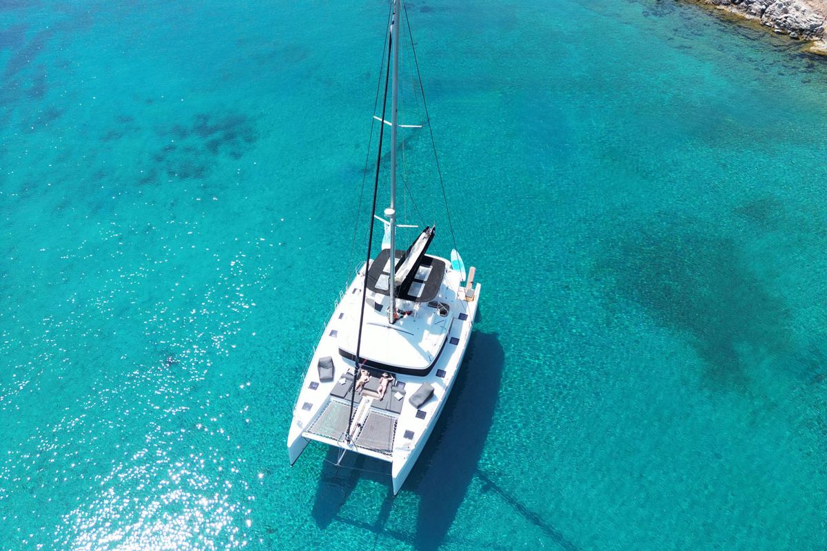 Exterior view of Royal Hearts, a Lagoon 52 catamaran at Athens, Greece