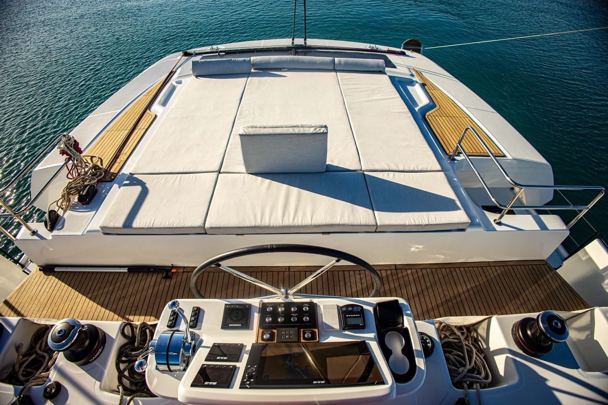 Deck of Magnum Opus, a Lagoon 50 catamaran at Preveza, Greece