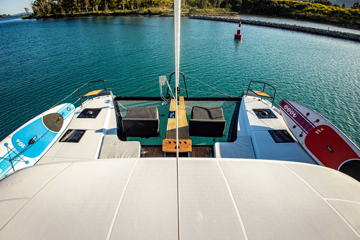 Deck of Magnum Opus, a Lagoon 50 catamaran at Preveza, Greece