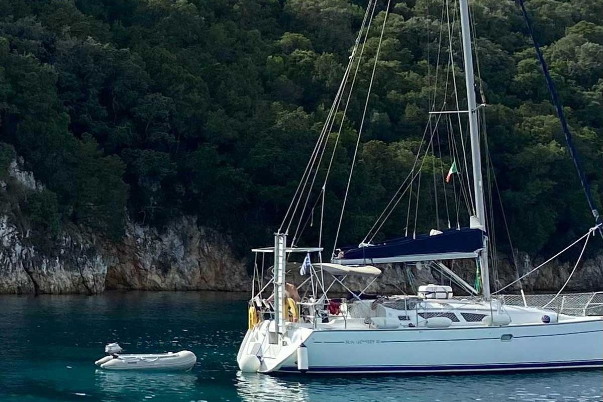 Exterior view of Steropi, a Jeanneau Sun Odyssey 35 sailboat at Gouvia, Greece