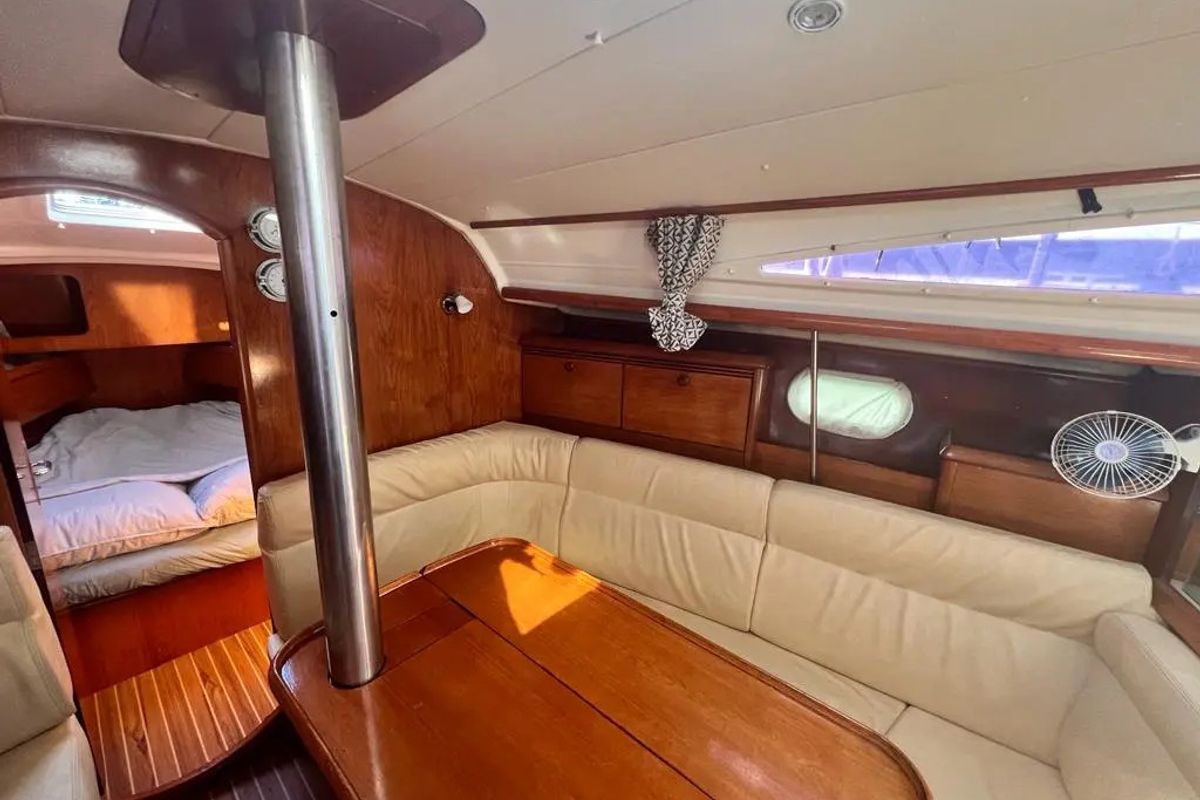 Salon of Steropi, a Jeanneau Sun Odyssey 35 sailboat at Gouvia, Greece