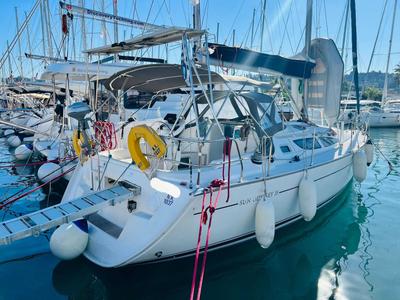 Exterior view of Steropi, a Jeanneau Sun Odyssey 35 sailboat at Gouvia, Greece