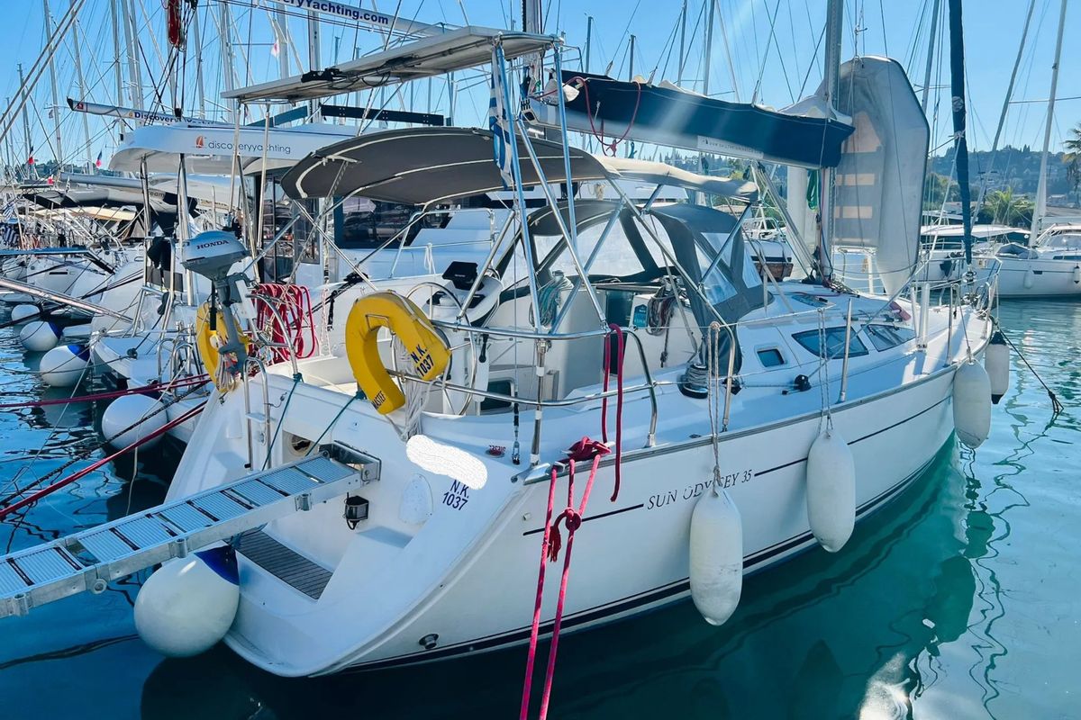 Exterior view of Steropi, a Jeanneau Sun Odyssey 35 sailboat at Gouvia, Greece