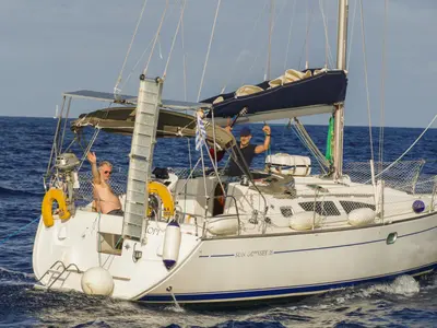 Exterior view of Steropi, a Jeanneau Sun Odyssey 35 sailboat at Gouvia, Greece