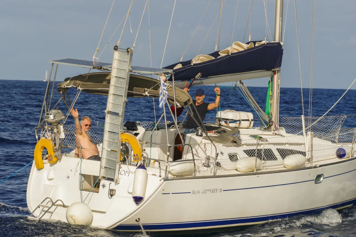 Exterior view of Steropi, a Jeanneau Sun Odyssey 35 sailboat at Gouvia, Greece