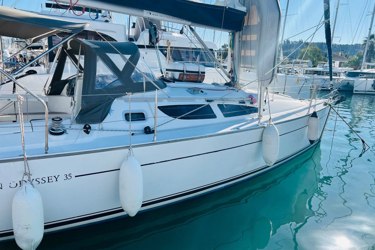 Exterior view of Steropi, a Jeanneau Sun Odyssey 35 sailboat at Gouvia, Greece