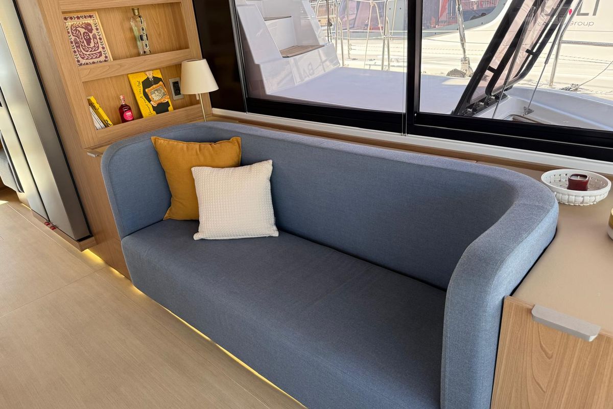 Salon of Infinity, a Bali 5.2 catamaran at Olbia, Italy