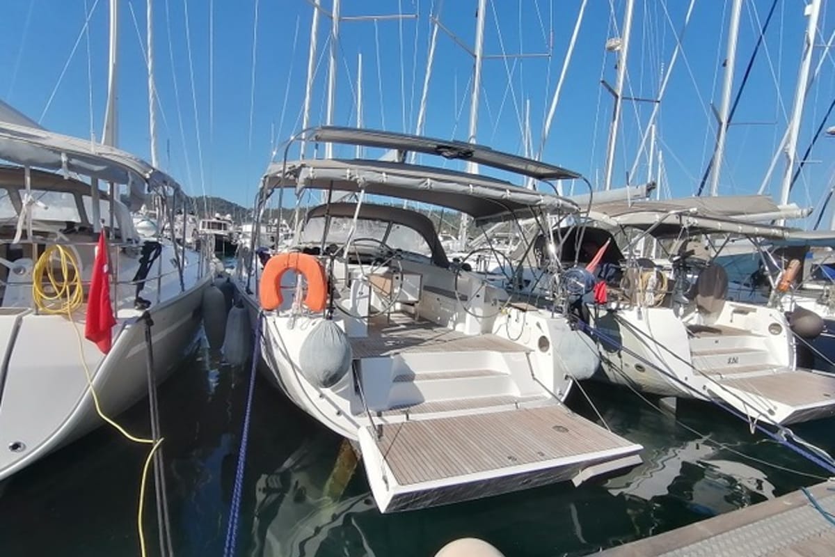 Exterior view of Shoogle, a Bavaria Cruiser 45 sailboat at Fethiye, Turkey