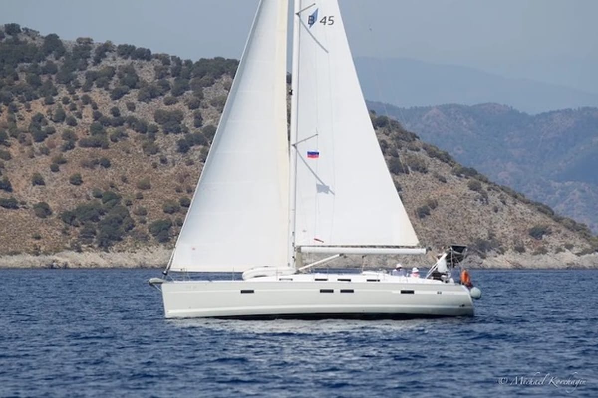 Exterior view of Shoogle, a Bavaria Cruiser 45 sailboat at Fethiye, Turkey