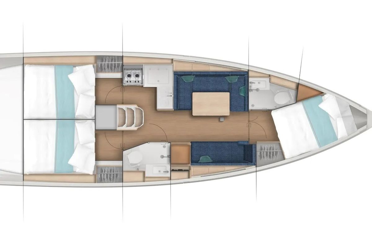 Floor plan of Orion, a Jeanneau Sun Odyssey 380 sailboat at Municipal Unit of Rhodes, Greece