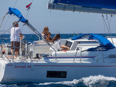 Deck of Oceanis 461/3/3 Premium, a Beneteau Oceanis 461 sailboat at Piraeus, Greece