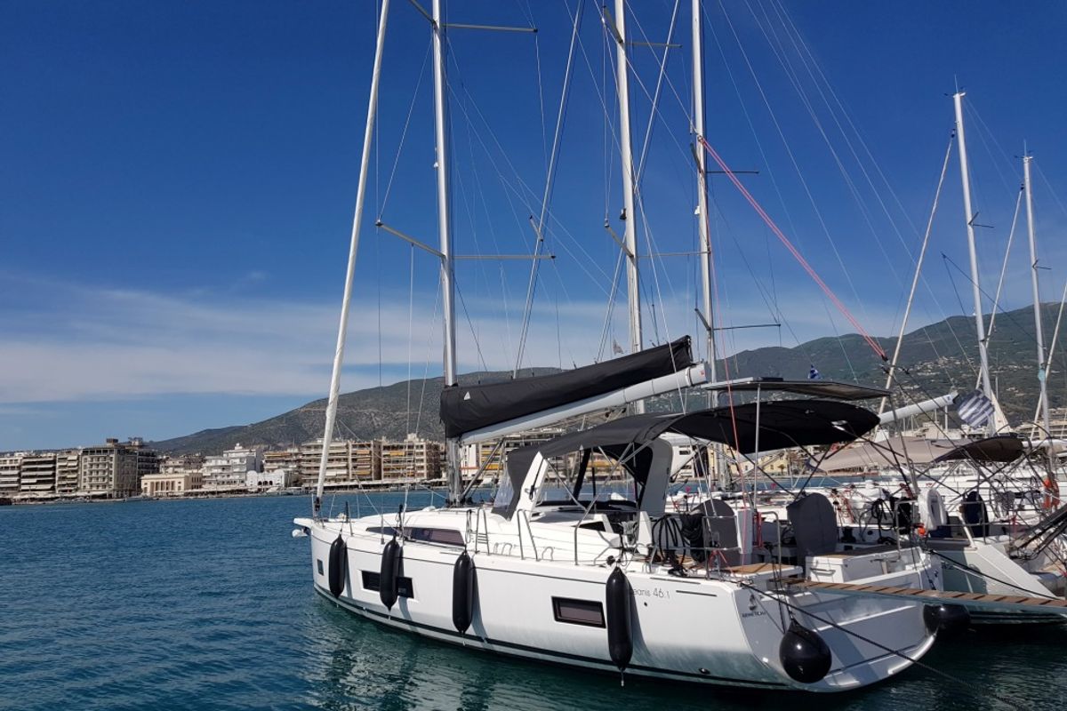 Exterior view of Anemos, a Beneteau Oceanis 46.1 sailboat at Volos Municipality, Greece