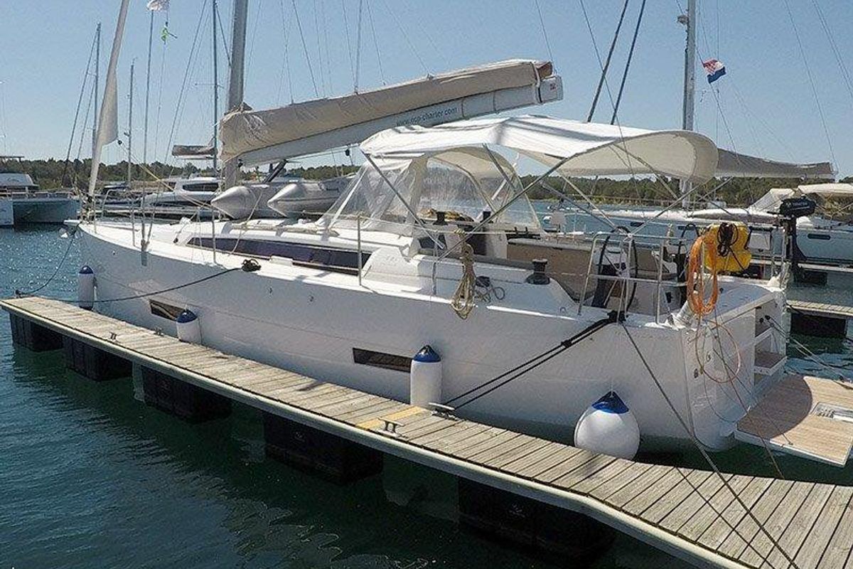 Exterior view of Sweetest taboo, a Dufour 430 GL sailboat at Grad Šibenik, Croatia