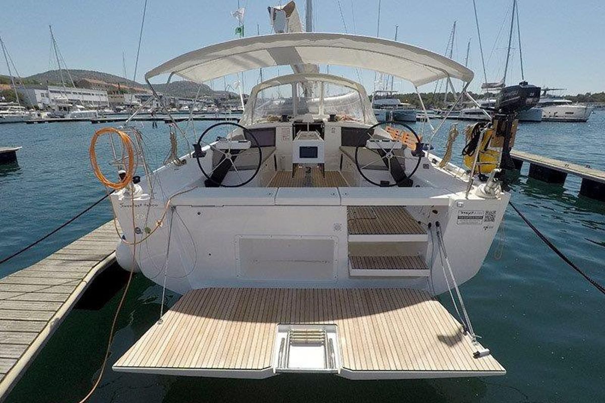 Exterior view of Sweetest taboo, a Dufour 430 GL sailboat at Grad Šibenik, Croatia